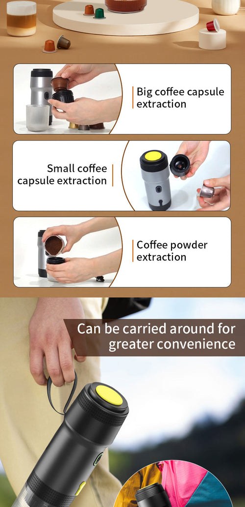 Macchina da caffè espresso elettrica portatile 3-in-1 argento - Caffettiera da viaggio ricaricabile per capsule e caffè macinato